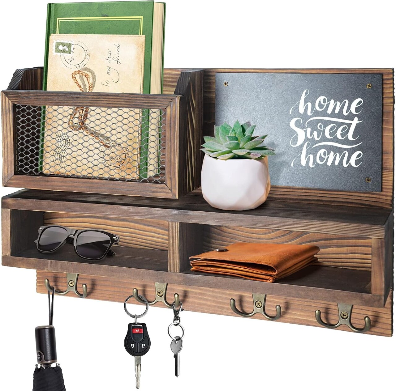 Wall-Mounted Key Holder with Mail Organizer – 4 Double Hooks, Wallet Holder, Sunglasses Storage, Dog Leash Hanger, and Chalkboard, Decorative Entryway Rack